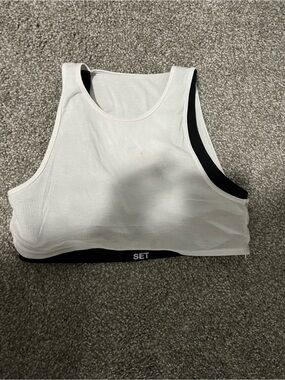 SET ACTIVE White Ribbed Crop Tank with Black Trim